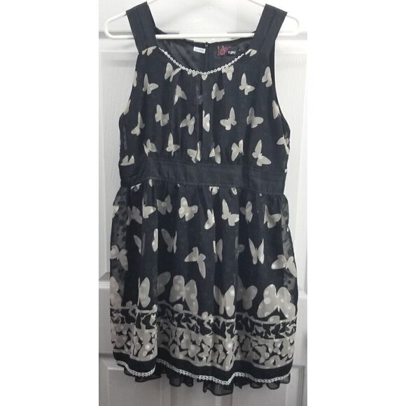 Yumi Handmaid Dress Black/Grey Butterfly Print Layered Skirt Sz is L measures S - Picture 1 of 7